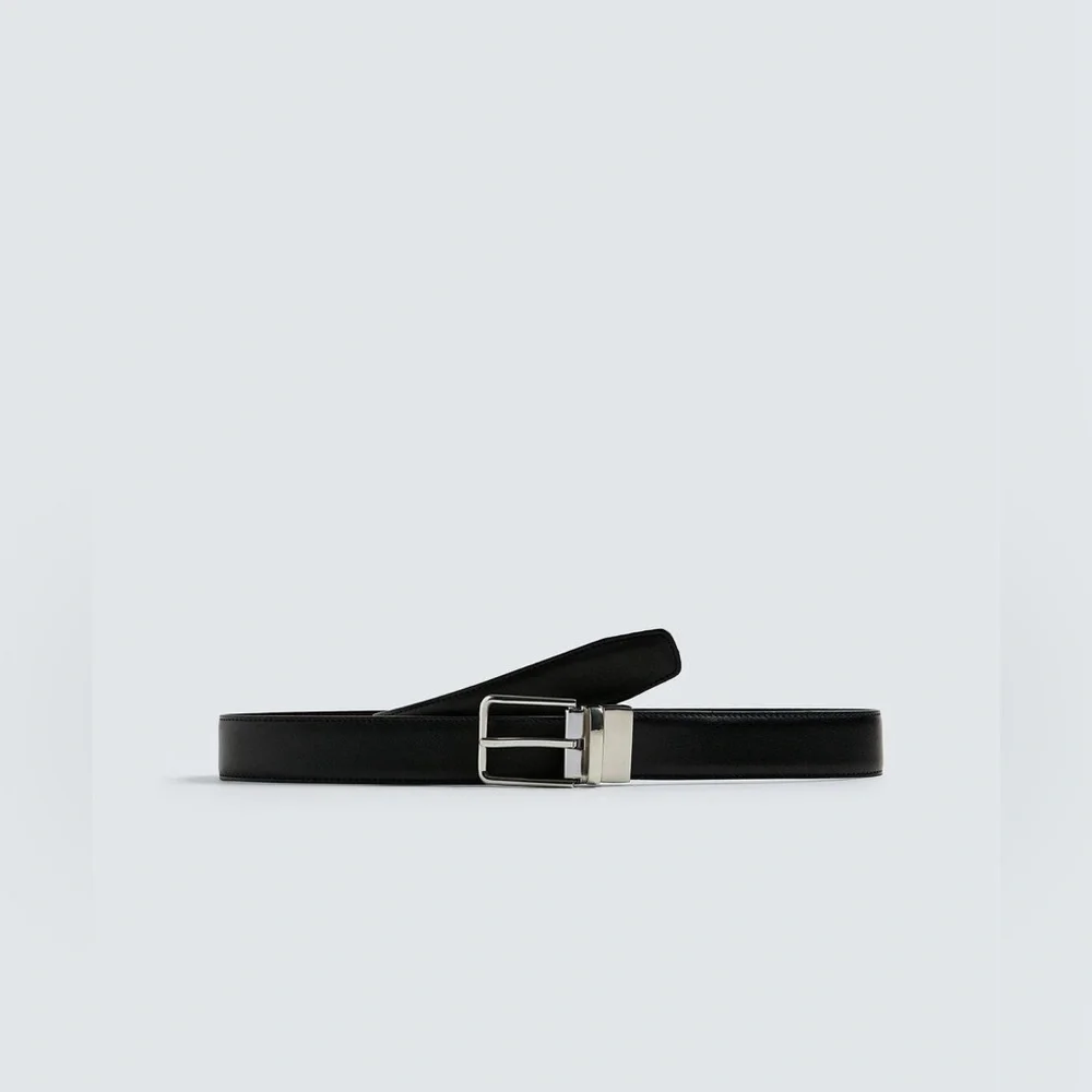 NWT. Zara Man Black Contrast Reversible Leather Belt. Size 40.